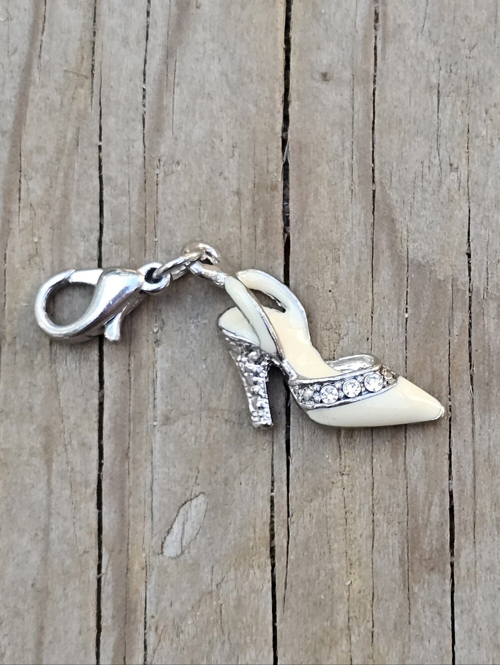 Vintage Charm High Heel Silver Tone, Rhinestones and Cream Enamel